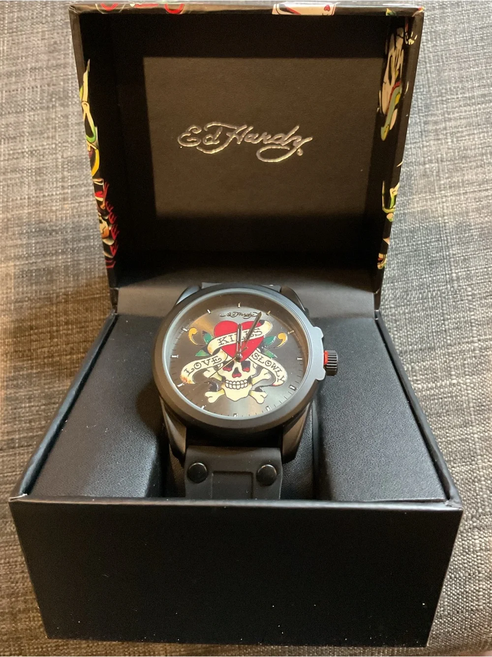 Ed Hardy Men’s Matte Black Silicone Strap Watch 46mm – NIB Love Kills Slowly